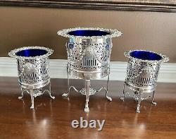 ANTIQUE 19th C. 3 PIECE SILVER PLATED GARNITURE SET COBALT BLUE GLASS VASES