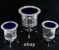 ANTIQUE 19th C. 3 PIECE SILVER PLATED GARNITURE SET COBALT BLUE GLASS VASES