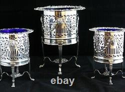 ANTIQUE 19th C. 3 PIECE SILVER PLATED GARNITURE SET COBALT BLUE GLASS VASES