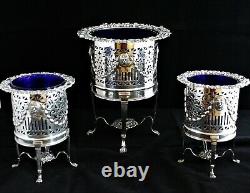 ANTIQUE 19th C. 3 PIECE SILVER PLATED GARNITURE SET COBALT BLUE GLASS VASES