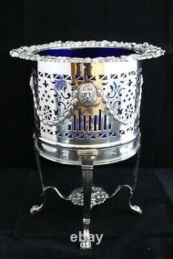 ANTIQUE 19th C. 3 PIECE SILVER PLATED GARNITURE SET COBALT BLUE GLASS VASES