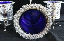 ANTIQUE 19th C. 3 PIECE SILVER PLATED GARNITURE SET COBALT BLUE GLASS VASES