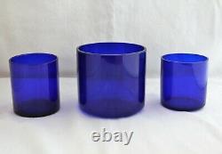 ANTIQUE 19th C. 3 PIECE SILVER PLATED GARNITURE SET COBALT BLUE GLASS VASES