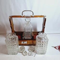 ANTIQUE 3 BOTTLE ENGLISH OAK & SILVER PLATE DRINKS TANTALUS (Circa 1880's)