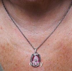 ANTIQUE PINK CAMPHOR Glass Necklace Silver Plated Fine Chain Matching Ring Avail