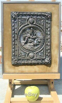 ANTIQUE PLAQUE VICTORIAN FIGURAL HIGH RELIEF SILVER PLATED FRAMED 19th C
