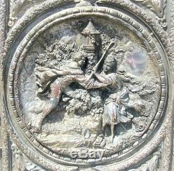 ANTIQUE PLAQUE VICTORIAN FIGURAL HIGH RELIEF SILVER PLATED FRAMED 19th C
