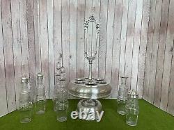 ANTIQUE SILVER PLATED ETCHED-GLASS 6 PCS CONDIMENT SET Signed Watson Bros. & Co