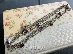 ANTIQUE SILVER PLATE LONG GUARD MUFF CHAIN w AMETHYST COLOR STONES 52 LONG