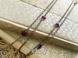 ANTIQUE SILVER PLATE LONG GUARD MUFF CHAIN w AMETHYST COLOR STONES 52 LONG