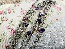 ANTIQUE SILVER PLATE LONG GUARD MUFF CHAIN w AMETHYST COLOR STONES 52 LONG