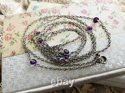 ANTIQUE SILVER PLATE LONG GUARD MUFF CHAIN w AMETHYST COLOR STONES 52 LONG