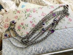 ANTIQUE SILVER PLATE LONG GUARD MUFF CHAIN w AMETHYST COLOR STONES 52 LONG