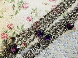 ANTIQUE SILVER PLATE LONG GUARD MUFF CHAIN w AMETHYST COLOR STONES 52 LONG