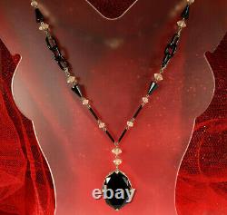 ART DECO CZECH Necklace 1930s SIGNED LAVALIER Black & Clear Glass 21.75 FAB