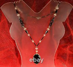 ART DECO CZECH Necklace 1930s SIGNED LAVALIER Black & Clear Glass 21.75 FAB