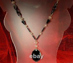 ART DECO CZECH Necklace 1930s SIGNED LAVALIER Black & Clear Glass 21.75 FAB