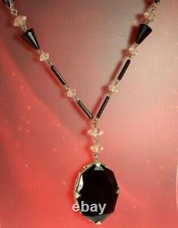 ART DECO CZECH Necklace 1930s SIGNED LAVALIER Black & Clear Glass 21.75 FAB