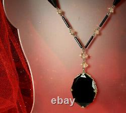 ART DECO CZECH Necklace 1930s SIGNED LAVALIER Black & Clear Glass 21.75 FAB