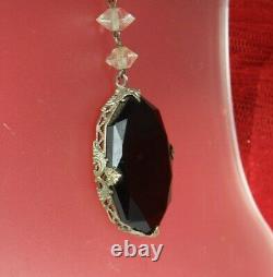 ART DECO CZECH Necklace 1930s SIGNED LAVALIER Black & Clear Glass 21.75 FAB