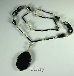 ART DECO CZECH Necklace 1930s SIGNED LAVALIER Black & Clear Glass 21.75 FAB