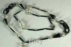 ART DECO CZECH Necklace 1930s SIGNED LAVALIER Black & Clear Glass 21.75 FAB