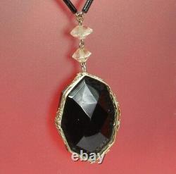 ART DECO CZECH Necklace 1930s SIGNED LAVALIER Black & Clear Glass 21.75 FAB