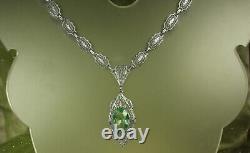 ART DECO FILIGREE Necklace 1930s Green Emerada Crystal 17.75 Rhodium Plated FAB