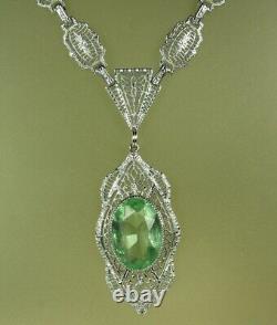 ART DECO FILIGREE Necklace 1930s Green Emerada Crystal 17.75 Rhodium Plated FAB
