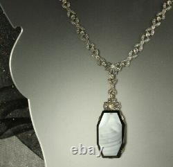 ART DECO Necklace 1930s LAVALIER 3 Onyx Glass Drop Bow Link Chain 16 Choker