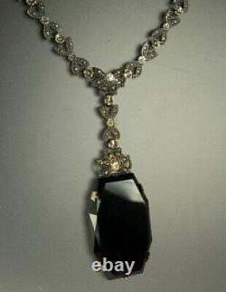 ART DECO Necklace 1930s LAVALIER 3 Onyx Glass Drop Bow Link Chain 16 Choker