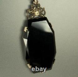 ART DECO Necklace 1930s LAVALIER 3 Onyx Glass Drop Bow Link Chain 16 Choker