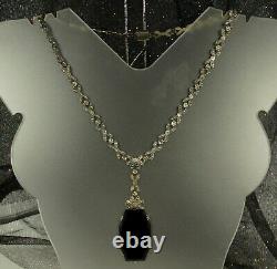 ART DECO Necklace 1930s LAVALIER 3 Onyx Glass Drop Bow Link Chain 16 Choker