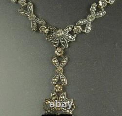 ART DECO Necklace 1930s LAVALIER 3 Onyx Glass Drop Bow Link Chain 16 Choker