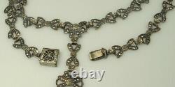 ART DECO Necklace 1930s LAVALIER 3 Onyx Glass Drop Bow Link Chain 16 Choker