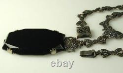ART DECO Necklace 1930s LAVALIER 3 Onyx Glass Drop Bow Link Chain 16 Choker