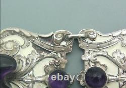 ART NOUVEAU FRENCH SILVER PLATE & ENAMEL, AMETHYST BELT & BUCKLE Piel Bros