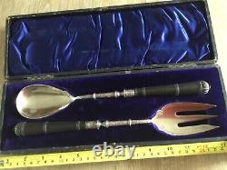 ART NOUVEAU SALAD SERVERS SILVER PLATE with EBONY HANDLES & ORIGINAL FITTED BOX