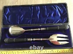ART NOUVEAU SALAD SERVERS SILVER PLATE with EBONY HANDLES & ORIGINAL FITTED BOX