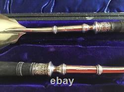 ART NOUVEAU SALAD SERVERS SILVER PLATE with EBONY HANDLES & ORIGINAL FITTED BOX