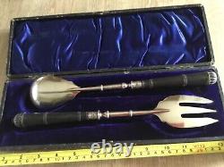 ART NOUVEAU SALAD SERVERS SILVER PLATE with EBONY HANDLES & ORIGINAL FITTED BOX