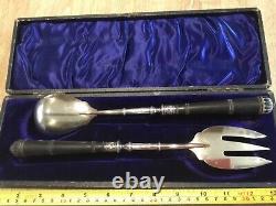 ART NOUVEAU SALAD SERVERS SILVER PLATE with EBONY HANDLES & ORIGINAL FITTED BOX