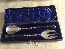 ART NOUVEAU SALAD SERVERS SILVER PLATE with EBONY HANDLES & ORIGINAL FITTED BOX