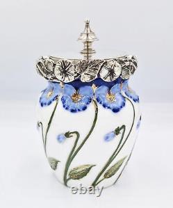 ART NOUVEAU SILVER PLATE & PORCELAIN JAM / PRESERVE JAR c1910