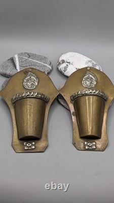 A Pair of Antique Brass Wall Pockets with Silver Plated Decorations