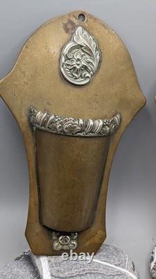 A Pair of Antique Brass Wall Pockets with Silver Plated Decorations