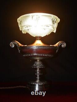 Aladdin Lamp silver plated two-handled French Ezan hand moulded iridescent shade