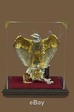 American Bald Eagle 24KT GOLD SILVER Plated Bronze Statue Sculpture Glass Case