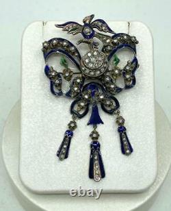 Antik Ottoman 1900s Natural Rose Cut Diamond Enemal Brooch
