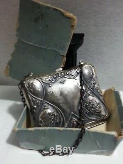 Antiqu 1920s Victorian Compact Purse Nouveau Floral Silver Metal Mirror Perfume